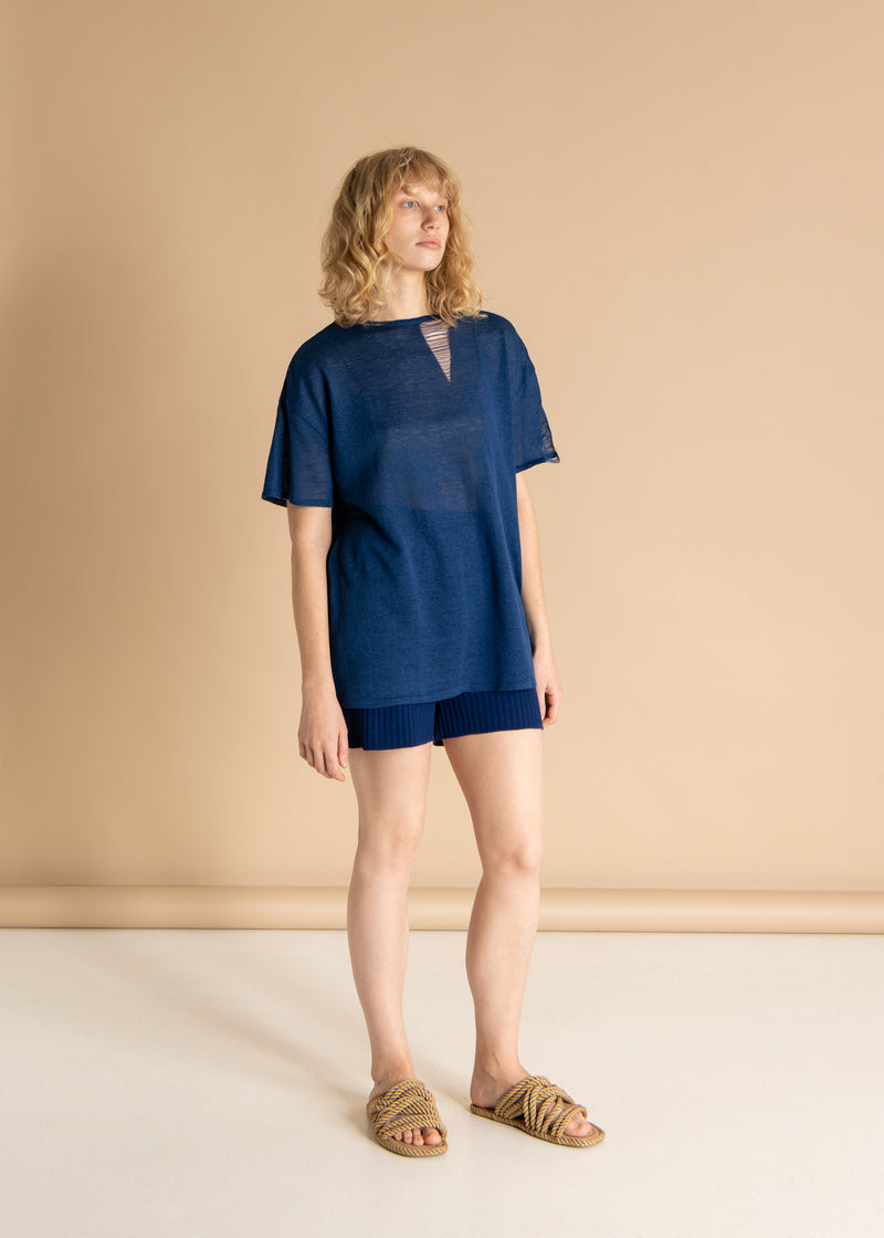 Energia Ripped Linen T-shirt Navy
